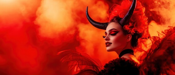 Halloween festivities featuring a young woman dressed as a devil, her fiery red horns and black attire making a bold statement