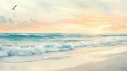 Wall Mural - Serene Seascape at Sunset with a Single Seagull Flying Over the Ocean Waves on a Sandy Beach.