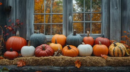 Vertical arrangement of pumpkins and hay in a fall-themed still life, capturing the essence of autumn.