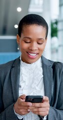 Aufkleber - Phone, walking and black woman in office with email for legal client feedback, communication or review. Happy, typing and African female advocate with online evidence for law case at corporate firm.