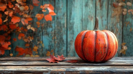 Wall Mural - Autumn pumpkin placed on a wooden table, suitable for harvest and fall-themed visuals.