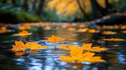 Wall Mural - Water covered with bright yellow-orange maple leaves, reflecting the essence of autumn.