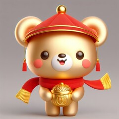 cute 3d Chinese style happy gold teddy bear character with red scarf, holding gold, new year theme