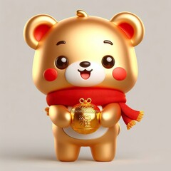 Wall Mural - cute 3d Chinese style happy gold teddy bear character with red scarf, holding gold, new year theme