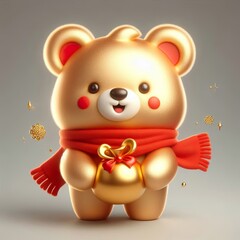 Wall Mural - cute 3d Chinese style happy gold teddy bear character with red scarf, holding gold, new year theme