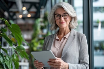 Smiling mature professional business woman bank manager, older happy female executive or lady entrepreneur holding digital tablet pad standing in office at work, looking away at copy space , ai