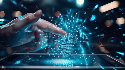 Abstract fingerprint hologram with digital tablet and finger tapping for personal information security.