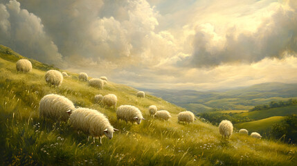 painting of fluffy wool pastel hills with fluffy sheep grazing