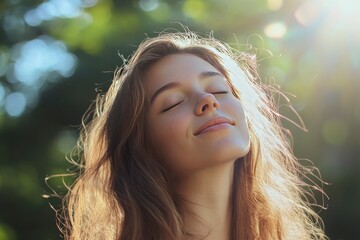 Young woman with long hair enjoying sun with closed eyes getting natural vitamin D outdoors. Peace of mind. Mindfulness, mental health, spirituality, well-being, unwind yourself , ai