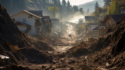 Design a poignant scene showing a landslide impacting a small, rural community, with damaged homes and roads, and residents working together to manage the aftermath and provide aid.