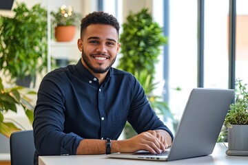 happy professional business man company employee, young entrepreneur, smiling latin businessman work