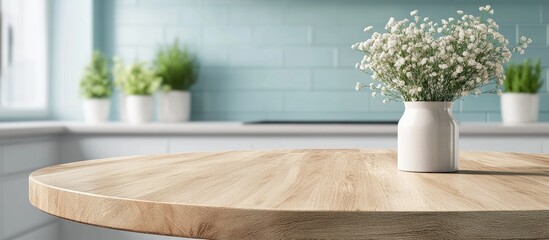 Sticker - 3D rendering of an empty beautiful round wooden tabletop counter set against a clean and bright kitchen interior ideal for display and product montage