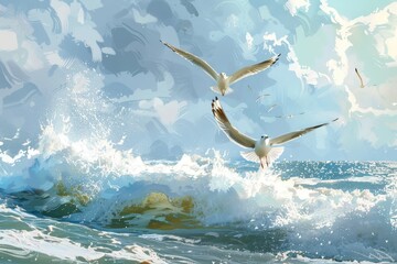 Sticker - Seagulls soar above crashing waves in a painting depicting two birds flying over the ocean, Seagulls soaring above the crashing waves