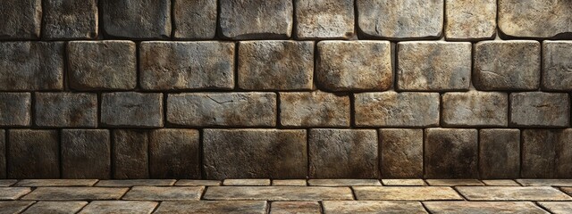 Wall Mural - 3D rendering of brickwork featuring a background wall made of stone blocks and cement joints