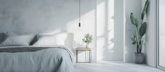 3D rendering of a minimalist white apartment interior showcasing a cozy bedroom featuring a bed adjacent to a bedside table with home decor exemplifying stylish furniture design for modern living H