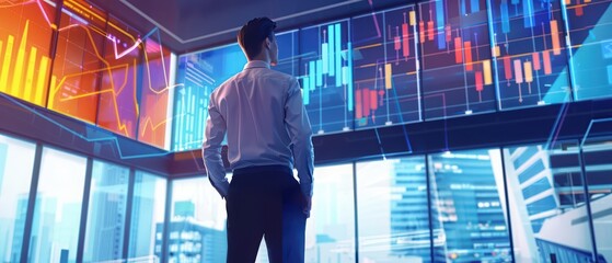 A businessman stands in a modern office, analyzing a digital graph that depicts the impressive financial growth of his company