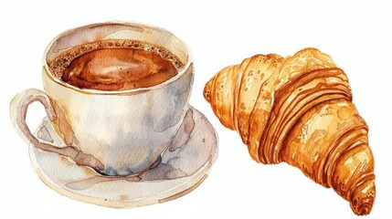 A cute watercolor of a croissant next to a coffee cup isolated with a white background