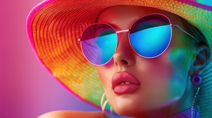 Wall Mural - Portrait of trendy woman wearing hat and glasses. AI generated images