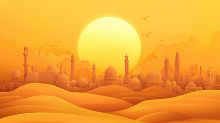 World Arabic Language Day. Horizontal banner. Free space for text. Flat yellow illustration. View of Islamic city with huge sun. For greeting card, poster, postcard. Islamic New Year