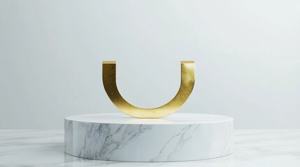 Wall Mural - Gold glossy user symbol removed from white marble podium Contemporary icon for website social media presentation and design template element 3D render