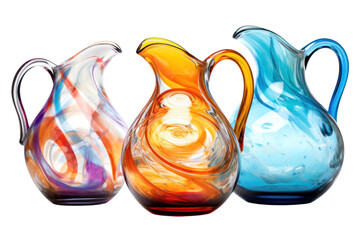 hand-blown glass pitcher with unique swirls and bubbles, isolated on a white background.