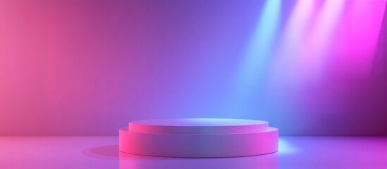 Wall Mural - Holographic color podium cylinder display background featuring pink and blue light against a clean purple themed wall 3D illustration rendering