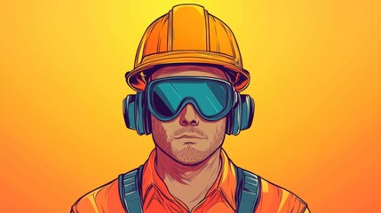 2D cartoon style illustration of a safety design featuring a man equipped with earplugs goggles and a hard hat