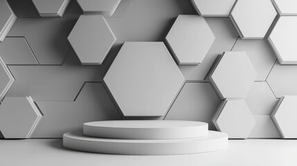 Creative ideas Abstract background featuring modern futuristic geometric shapes with a podium for a hexagonal banner in gray Blank space digital banner website 3D rendering