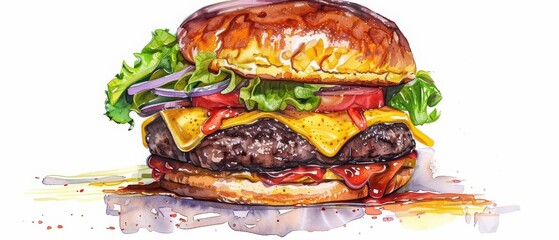 A water color of a classic American cheeseburger