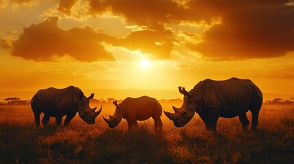 Poster - Three Rhinos at Sunset