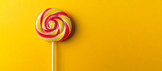 Wall Mural - Minimalist candy pop poster featuring a single colorful lollipop on a yellow backdrop with copy space image