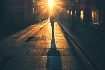 Poster - A person walks down a street as the sun sets, casting long shadows, Shadows lengthen as the world wakes up to a new day