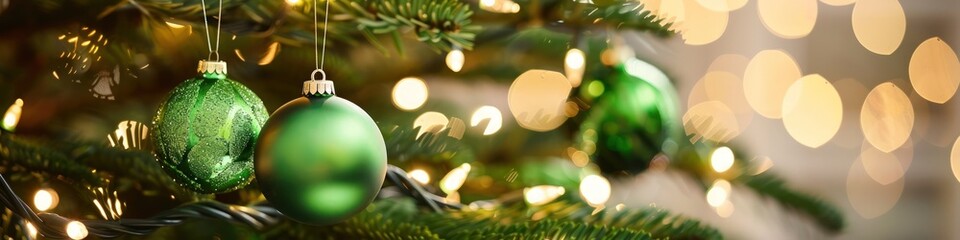 Emerald green baubles hanging from a Christmas tree, with soft white lights providing a blurred effect.