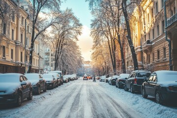 Sticker - Snowy Street with Parked Cars and Buildings in the Background