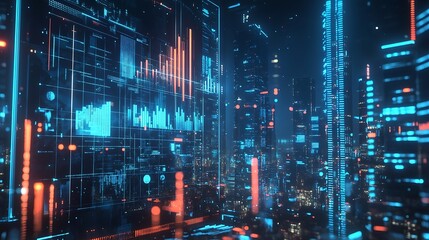 Cyberpunk Cityscape: Futuristic Skyline with Data Overload