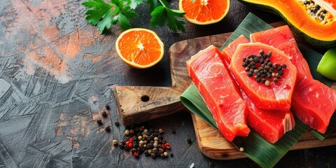 Canvas Print - Home cooking advice for softening meat using raw papayas for beef marinade