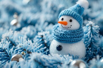 Wall Mural - A close up of a snowman wearing a blue hat and scarf