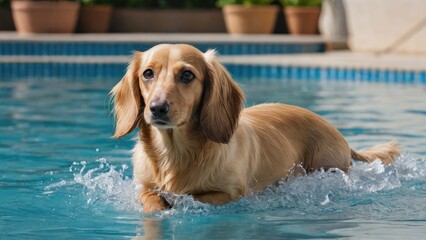 Cream long haired dachshund dog in the swimming pool