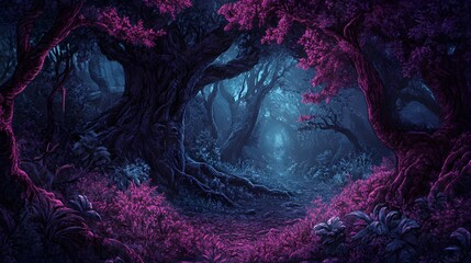 Wall Mural - a spooky forest with deep dark colors and hidden creatures