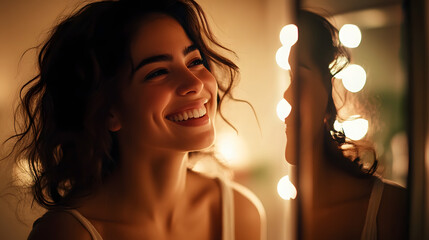 Canvas Print - A woman who smiles looking at her face in the mirror.