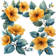 Wall Mural - square border of yellow flowers and green leaves on a white background