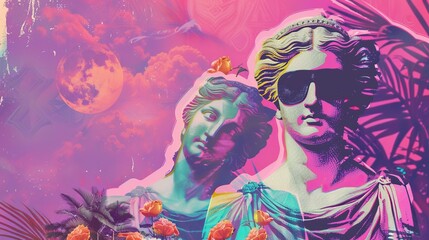 a vibrant collage featuring antique female statues with modern elements. one statue wears sunglasses