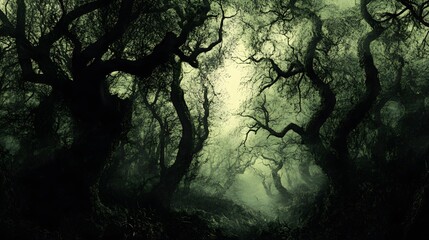 Wall Mural - a dark forest with exaggerated shadows and twisted trees