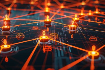 Poster - Decentralized network of glowing orange lights on black surface, Show a decentralized network of nodes interconnected by glowing lines and symbols