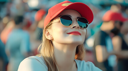 Woman wearing red cap and sunglasses at outdoor event.