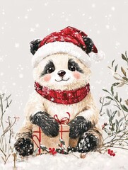 Wall Mural - Christmas panda bear art illustration