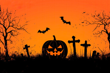 Halloween graveyard and jack-o-lantern silhouette