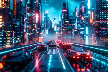 Wall Mural - A futuristic city at night with vibrant neon lights illuminating the skyscrapers and streets, Show a futuristic cityscape with neon lights and flying cars