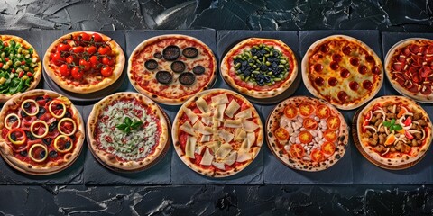 Pizzas with assorted toppings displayed in a scenic layout on a slate background for menu promotion.