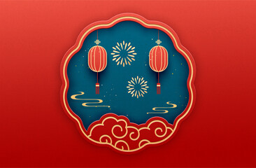 Chinese New Year poster, traditional shop window with lanterns and auspicious clouds